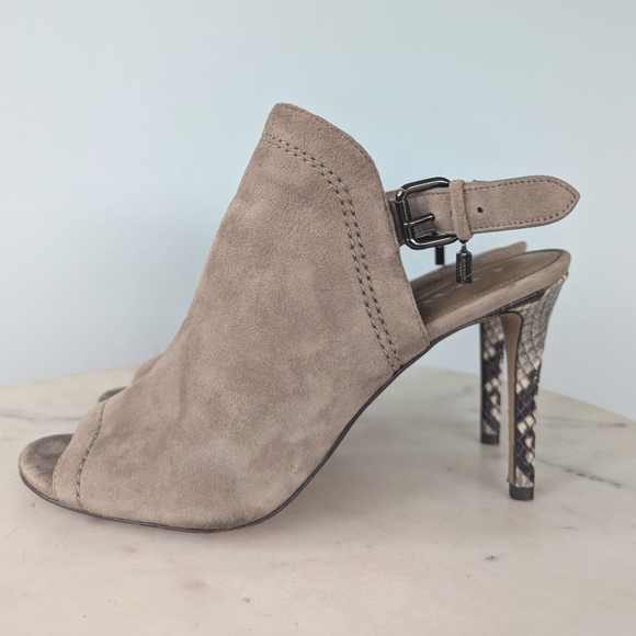 Coach Kearney Taupe Suede Leather Snake Print Peep Toe Heels - Picture 9 of 12